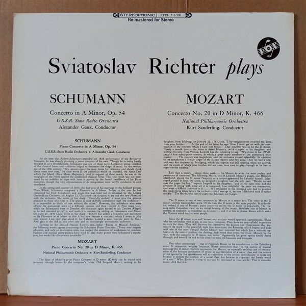 SVIATOSLAV RICHTER – SVIATOSLAV RICHTER PLAYS MOZART & SCHUMANN - LP 2.EL PLAK
