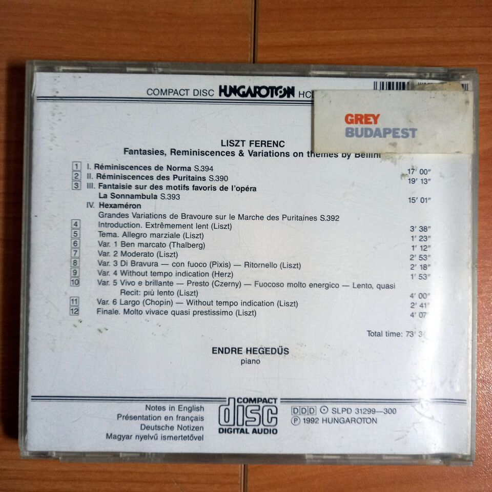 LISZT, BELLINI, ENDRE HEGEDÜS – FANTASIES LISZT REMINISCENCES & VARIATIONS ON THEMES BY BELLINI I PURITANI NORMA LA SONNAMBULA (1992) - CD 2.EL