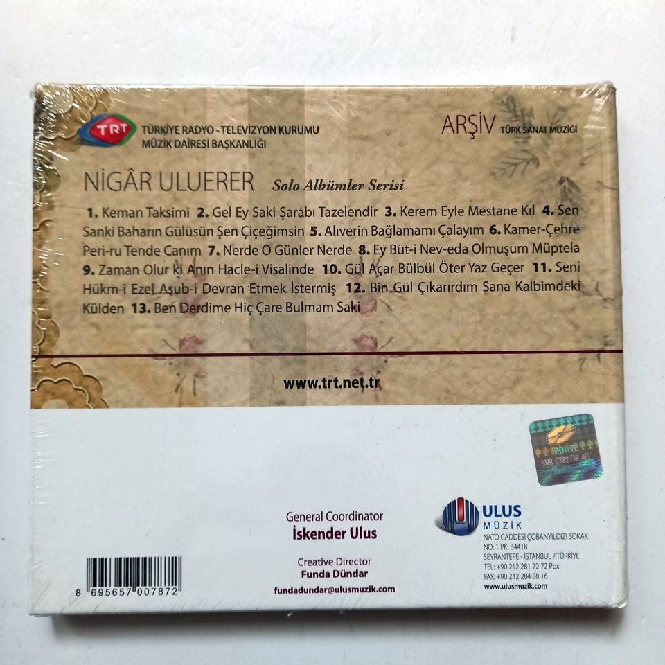 NİGAR ULUERER / TÜRK SANAT MÜZİĞİ / TRT ARŞİV SERİSİ 197 - CD SIFIR