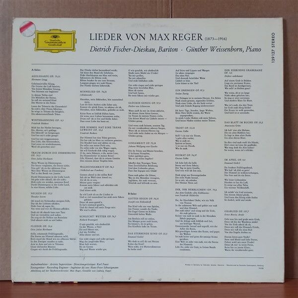 LIEDER VON MAX REGER / DIETRICH FISCHER-DIESKAU, GÜNTHER WEISSENBOR (1966) - LP 2.EL PLAK