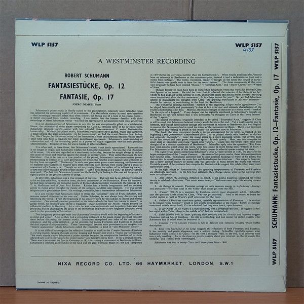 SCHUMANN, JÖRG DEMUS – FANTASIESTÜCKE, OP.12 (1952) - LP 2.EL PLAK