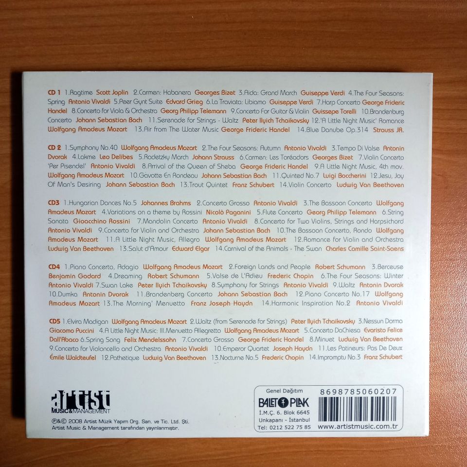 PAZAR SABAHI KLASİKLERİ / BIZET, VERDI, VIVALDI, HANDEL, MOZART, BACH, ELGAR, CHOPIN, SCHUBERT, PUCCINI (2008) - 5CD COMPILATION 2.EL