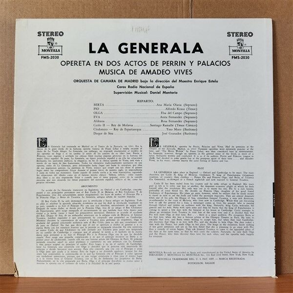 LA GENERALA / AMADEO VIVES, PERRÍN, PALACIOS (1960) - LP 2.EL PLAK