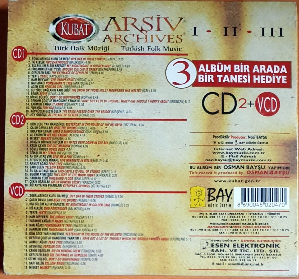 KUBAT - ARŞİV I II III / TÜRK HALK MÜZİĞİ (2000) - 2CD+VCD 2.EL