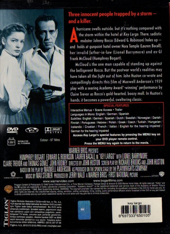 KEY LARGO (1948) - HUMPHREY BOGART - JOHN HUSTON - SNAPCASE DVD 2.EL