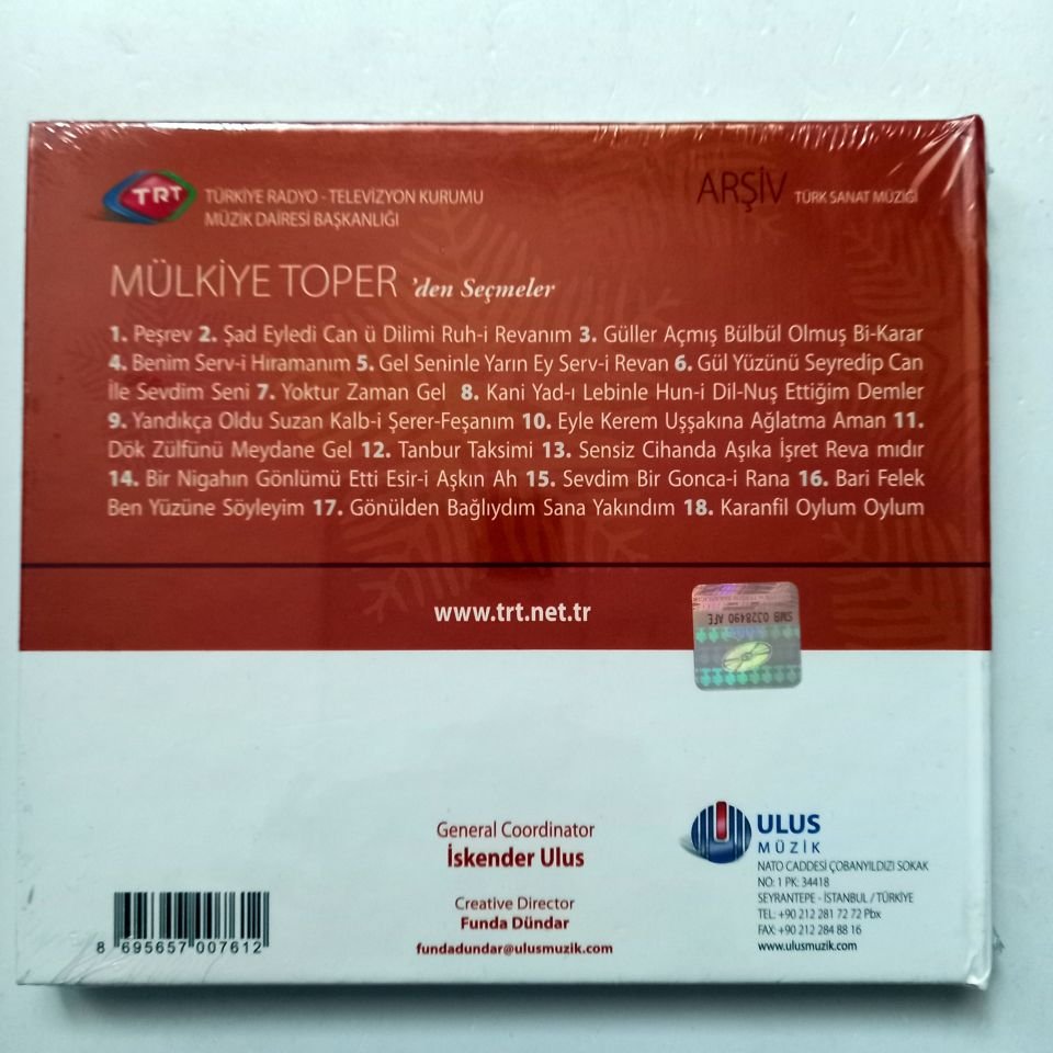 MÜLKİYE TOPER'DEN SEÇMELER / TÜRK SANAT MÜZİĞİ / TRT ARŞİV SERİSİ 176 - CD SIFIR