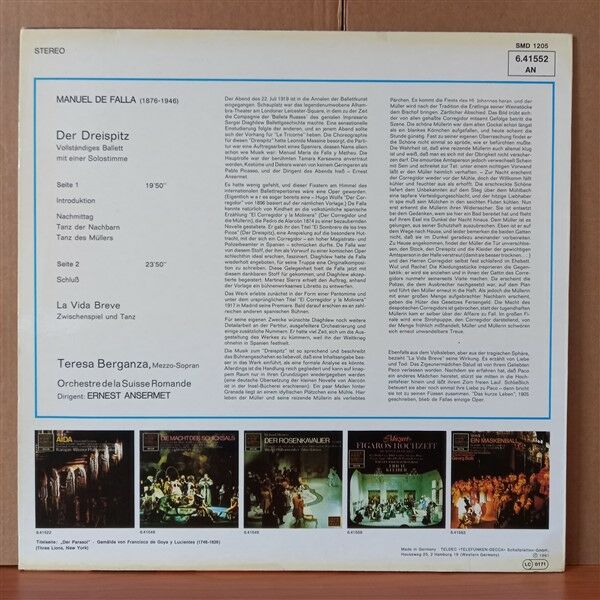 DEFALLA: DER DREISPITZ / LA VIDA BREVE / TERESA BERGANZA, ERNEST ANSERMET (1961) - LP 2.EL PLAK