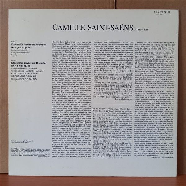 CAMILLE SAINT-SAËNS: KONZERTE FÜR KLAVIER UND ORCHESTER NR.2 G-MOLL, OP.22 / NR.4 C-MOLL, OP. 44 / ALDO CICCOLINI, ORCHESTRE DE PARIS, SERGE BAUDO (1971) - LP 2.EL PLAK