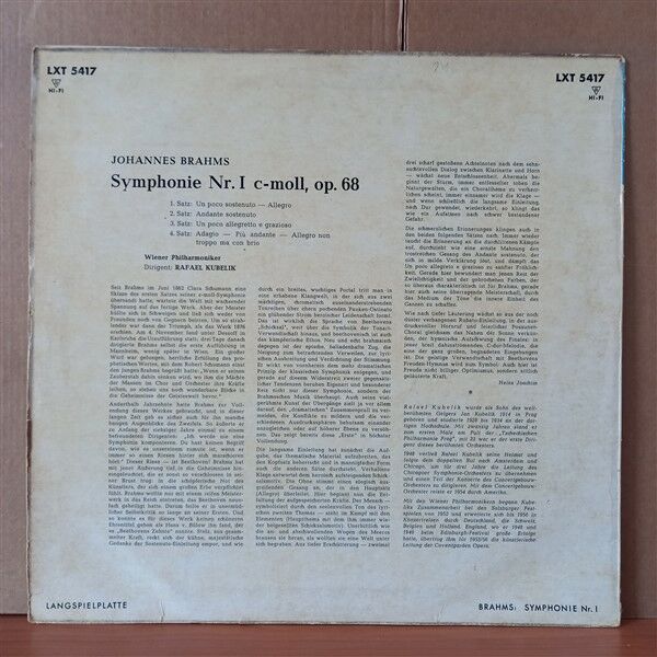 BRAHMS: SYMPHONIE NR.1 C-MOLL, OP. 68 / KUBELIK, WIENER PHILHARMONIKER - LP 2.EL PLAK