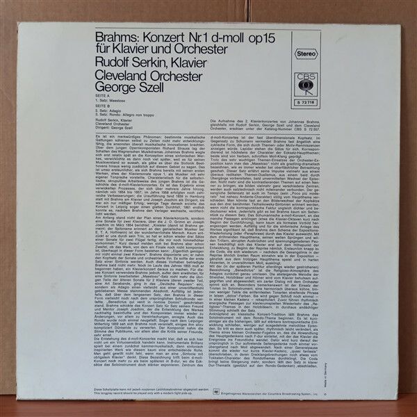 BRAHMS: KLAVIERKONZERT NR. 1 D-MOLL OP 15 / RUDOLF SERKIN, GEORGE SZELL, THE CLEVELAND ORCHESTRA (1968) - LP 2.EL PLAK
