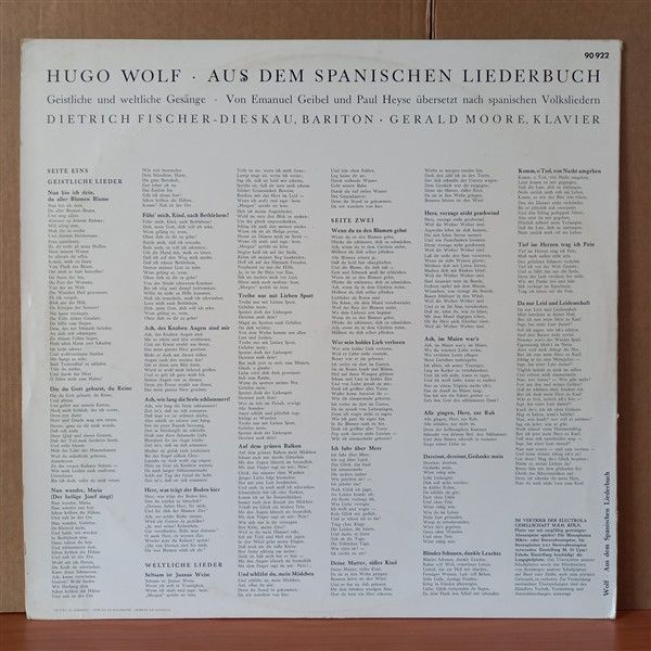 HUGO WOLF, DIETRICH FISCHER-DIESKAU – GEISTLICHE UND WELTLICHE GESÄNGE AUS DEM SPANISCHEN LIEDERBUCH (1959) - LP 2.EL PLAK