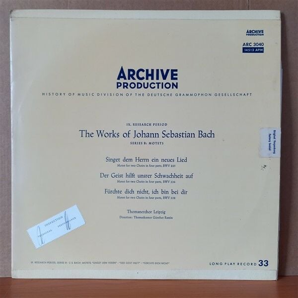 THE WORKS OF J.S. BACH: MOTETS ''SINGET DEM HERRN'', ''DER GEIST HILFT'', ''FURCHTE DICH NICHT'' / THOMANERCHOR LEIPZIG, GÜNTHER RAMIN - LP 2.EL PLAK