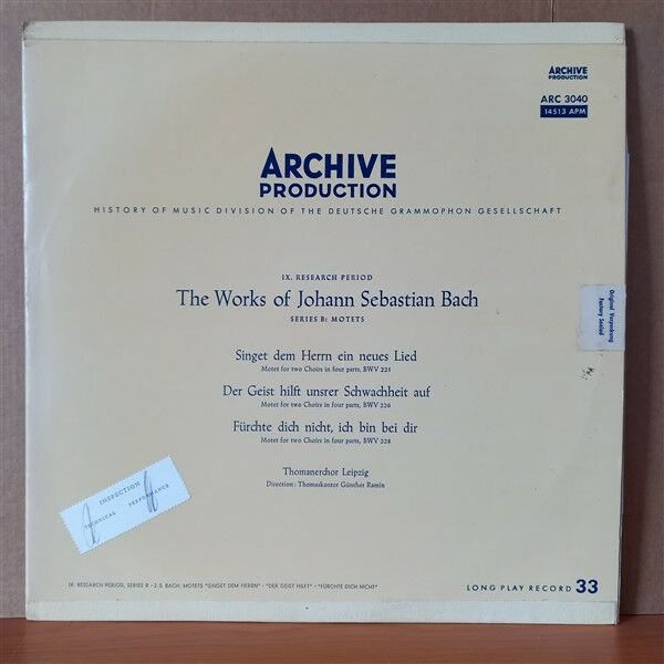THE WORKS OF J.S. BACH: MOTETS ''SINGET DEM HERRN'', ''DER GEIST HILFT'', ''FURCHTE DICH NICHT'' / THOMANERCHOR LEIPZIG, GÜNTHER RAMIN - LP 2.EL PLAK