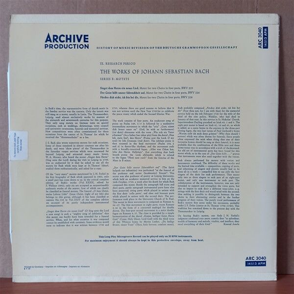 THE WORKS OF J.S. BACH: MOTETS ''SINGET DEM HERRN'', ''DER GEIST HILFT'', ''FURCHTE DICH NICHT'' / THOMANERCHOR LEIPZIG, GÜNTHER RAMIN - LP 2.EL PLAK