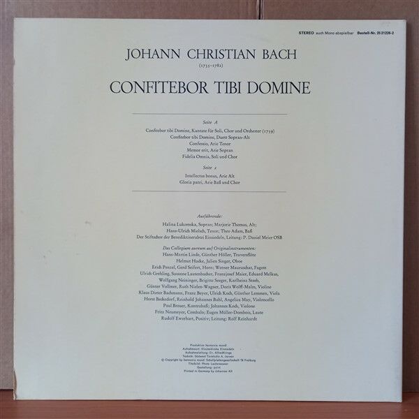 CONFITEBOR TIBI DOMINE / JOHANN CHRISTIAN BACH, HALINA LUKOMSKA, MARJORIE THOMAS, HANS-ULRICH MIELSCH, STIFTSCHOR DER BENEDIKTINERABTEI EINSIEDELN, COLLEGIUM AUREUM - LP 2.EL PLAK