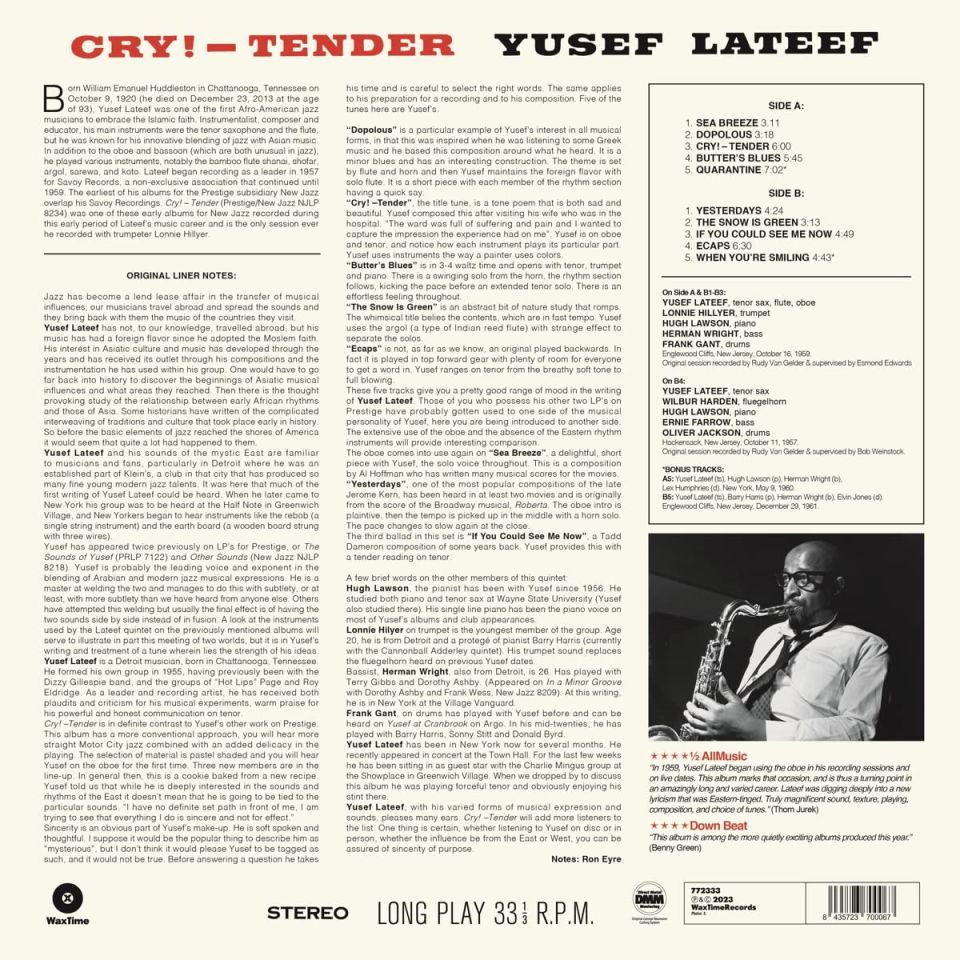 YUSEF LATEEF - CRY ! TENDER (1960) - LP 180GR 2023 EDITION SIFIR PLAK
