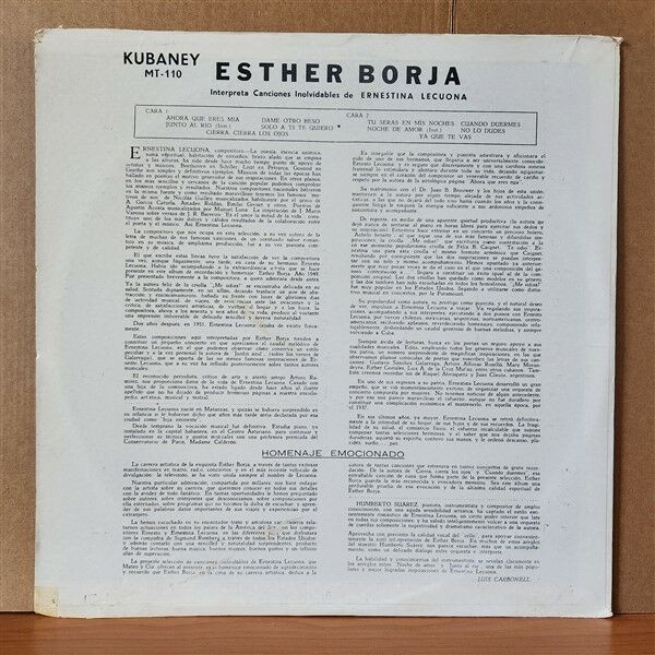 ESTHER BORJA, ERNESTINA LECUONA – ESTHER BORJA INTERPRETA CANCIONES INOLVIDABLES DE ERNESTINA LECUONA - LP 2.EL PLAK