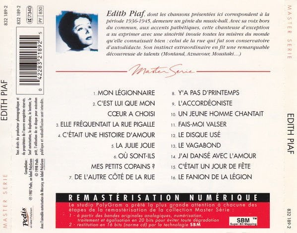 EDITH PIAF - PODIS MASTER SERIE (1998) - CD COMPILATION 2.EL