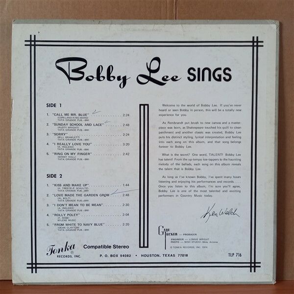 BOBBY LEE – BOBBY LEE SINGS (1974) - LP 2.EL PLAK