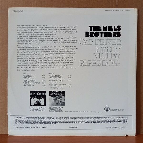 THE MILLS BROTHERS – CAB DRIVER, PAPER DOLL, MY SHY VIOLET - LP 2.EL PLAK