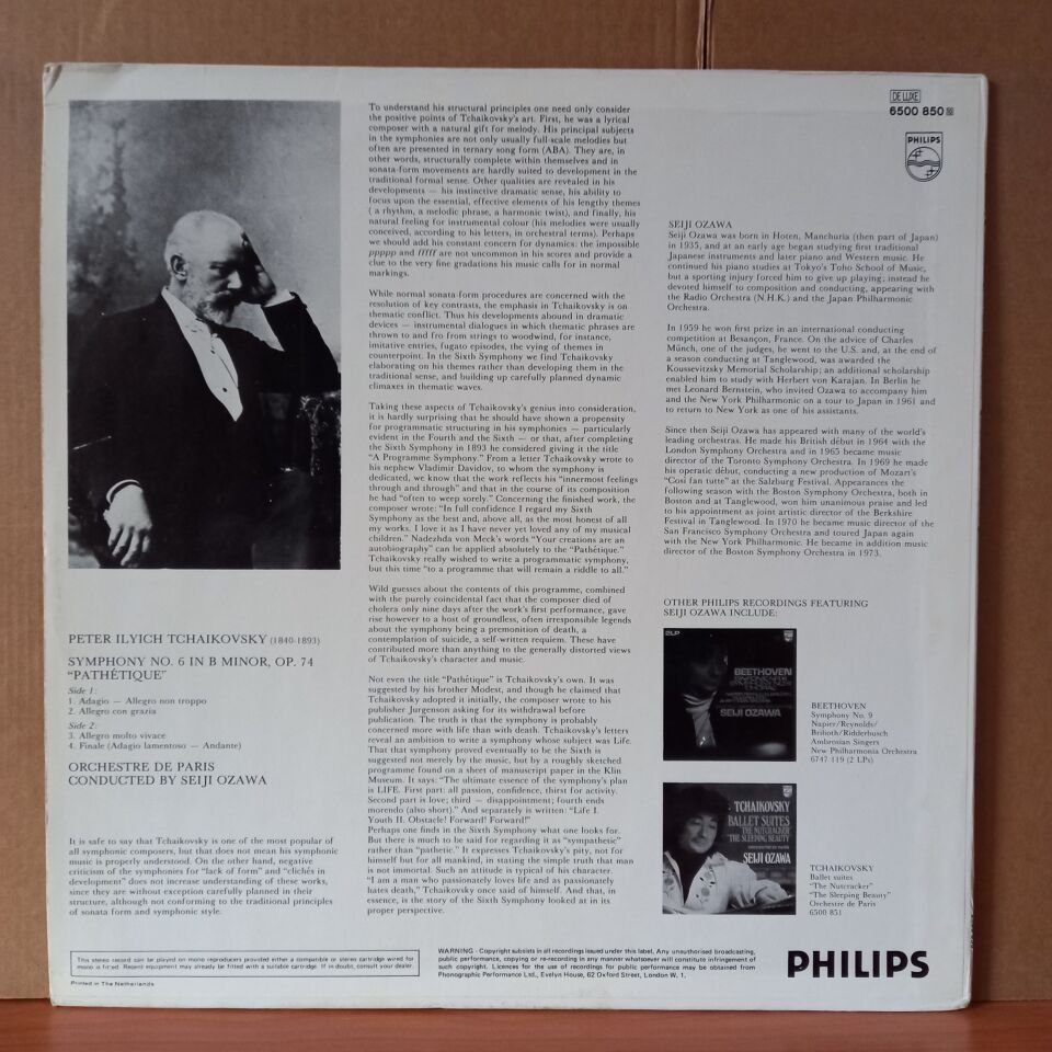 TSCHAIKOVSKY: SYMPHONY NO. 6 ''PATHETIQUE'' / ORCHESTRE DE PARIS, SEIJI OZAWA (1974) - LP 2.EL PLAK