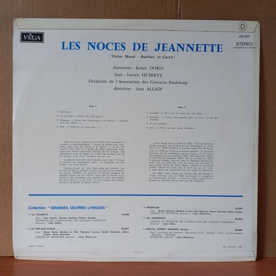 VICTOR MASSE: LES NOCES DE JEANNETTE / RENEE DORIA, LUCIEN HUBERTY, ORCHESTRE DE L'ASSOCIATION DES CONCERTS PASDELOUP, JEAN ALLAIN (1969) - LP 2.EL PLAK