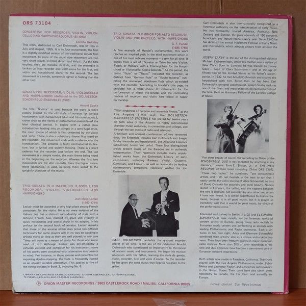 THE DOLMETSCH-SCHOENFELD ENSEMBLE - LENNOX BERKELEY / ARNOLD COOKE / J. M. LECLAIR / G. F. HAENDEL – CONCERTINO, OP. 48 / SONATA (1964) / TRIO SONATA IN D / TRIO SONATA IN C (1973) - LP 2.EL PLAK