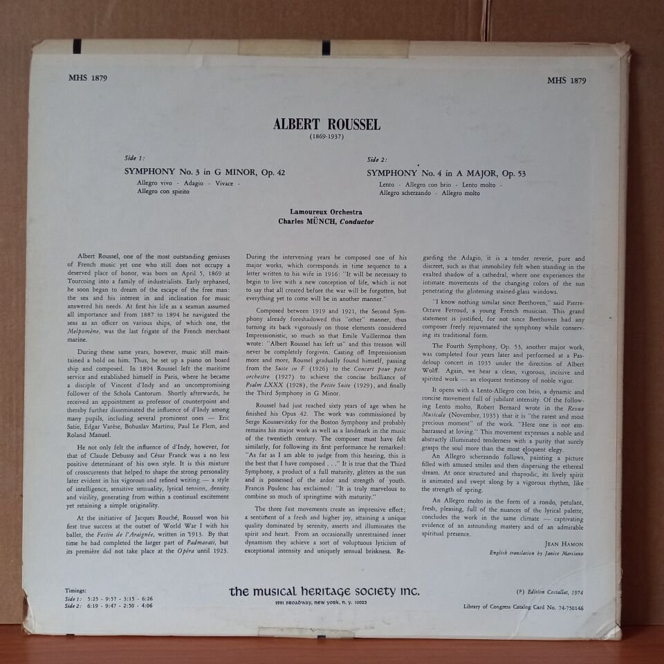 ALBERT ROUSSEL: SYMPHONIES NOS. 3 & 4 / LAMOUREUX ORCHESTRA, CHARLES MÜNCH (1975) - LP 2.EL PLAK