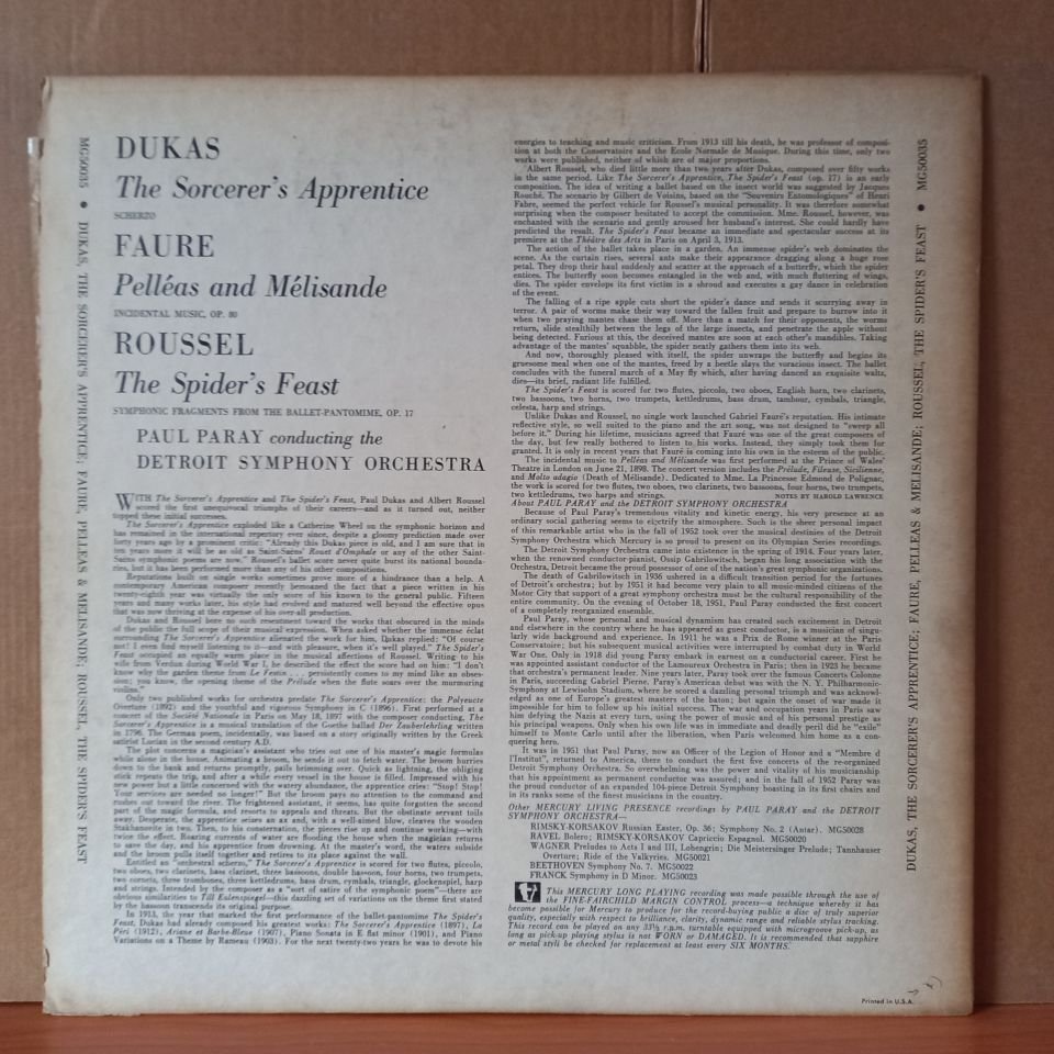 PAUL PARAY CONDUCTS THE DETROIT SYMPHONY ORCHESTRA / FRENCH MUSIC FOR THE THEATRE / DUKAS, FAURE, ROUSSEL - LP 2.EL PLAK