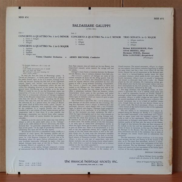 BALDASSARE GALUPPI, VIENNA CHAMBER ORCHESTRA, ARMIN BRUNNER – CONCERTI A QUATTRO NO. 1, NO. 2, NO. 6 / TRIO SONATA IN G MAJOR (1968) - LP 2.EL PLAK