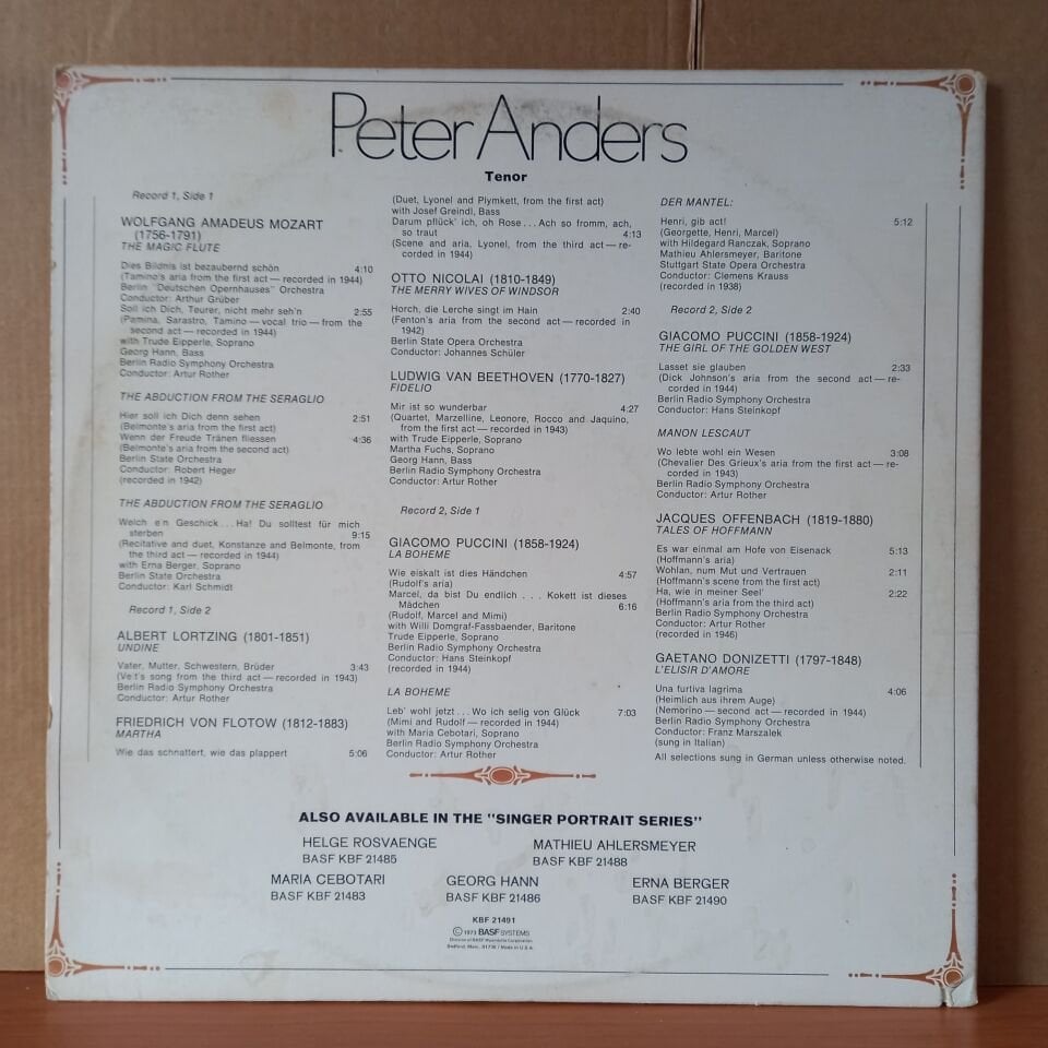 PETER ANDERS: HISTORICAL PERFORMANCES FROM THE YEARS 1942-1946 / SIXTH IN A SERIES OF HISTORICAL ''SINGER PORTRAITS'' (1973) - 2LP 2.EL PLAK