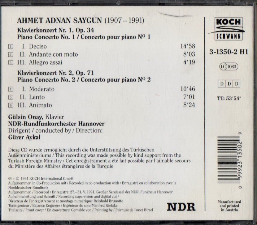 AHMED ADNAN SAYGUN / GÜLSİN ONAY / GÜRER AYKAL - PIANO CONCERTOS NO 1 & NO 2 (1994) - CD 2.EL