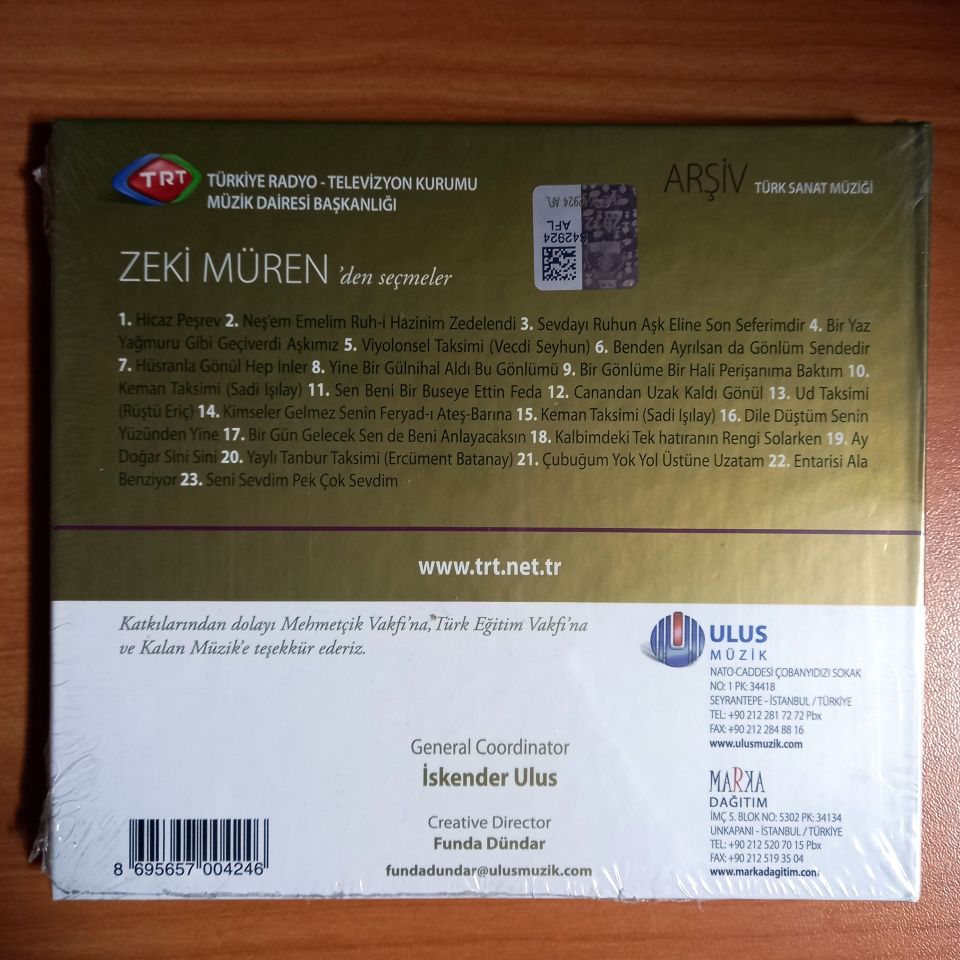 ZEKİ MÜREN'DEN SEÇMELER / TÜRK SANAT MÜZİĞİ /TRT ARŞİV SERİSİ 1 - CD SIFIR