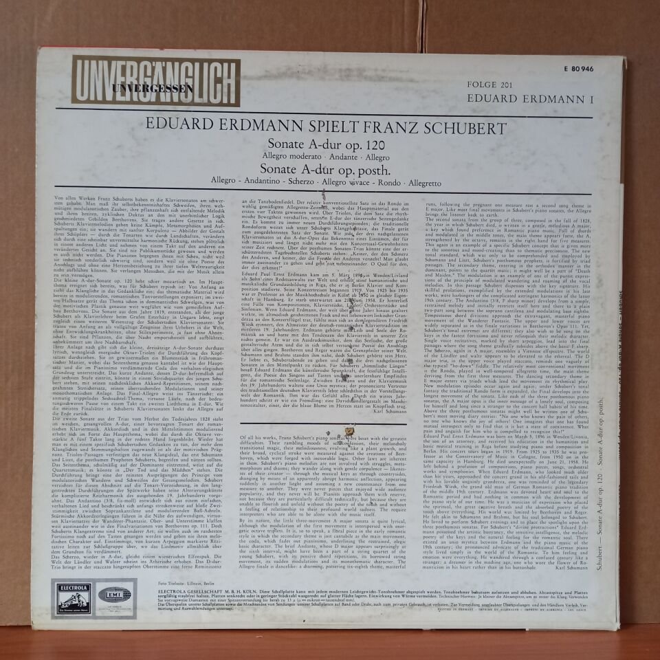 FRANZ SCHUBERT: SONATE A DUR OP. 120, SONATE A-DUR OP. POSTH. / EDUARD ERDMANN - LP 2.EL PLAK