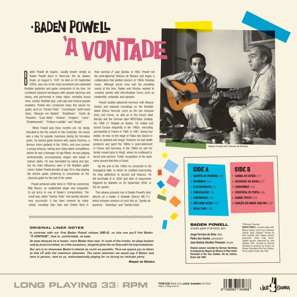 BADEN POWELL - A VONTADE (1963) - LP LATIN JAZZ BOSSA NOVA SAMBA 180GR 2023 EDITION SIFIR PLAK