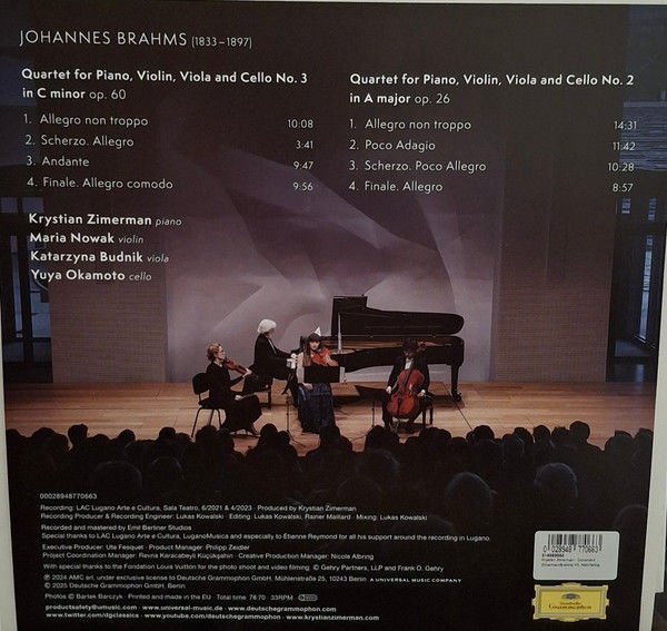 JOHANNES BRAHMS / KRYSTIAN ZIMERMAN, M. NOWAK, KATARZYNA BUDNIK, YUYA OKAMOTO- PIANO QUARTETS NOS. 2&3 (2025) - 2LP  DEUTSCHE GRAMMOPHON SIFIR PLAK