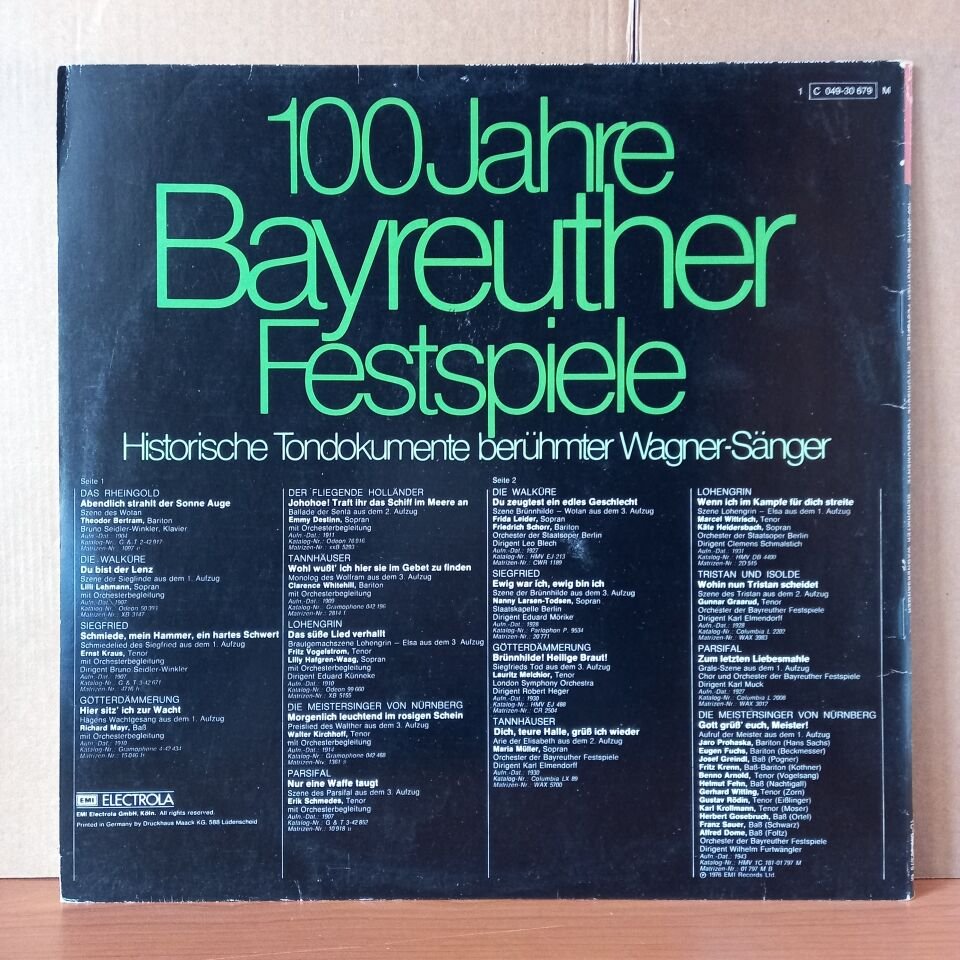 100 JAHRE BAYREUTHER FESTSPIELE - HISTORISCHE TONDOKUMENTE BERUHMTER WAGNER-SANGER / THEODOR BERTHAM, LILLI LEHMANN, ERNST KRAUS, LAURITZ MELCHIOR, FRITZ KRENN, FRIDA LEIDER (1976) - LP 2.EL PLAK