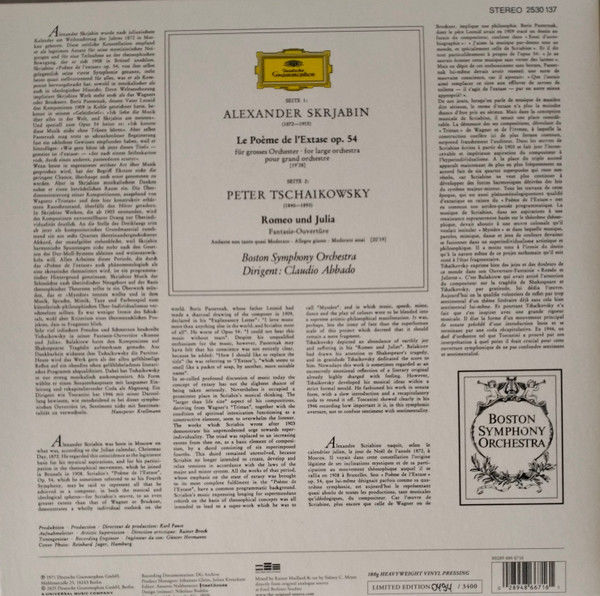 SCRIABIN / TCHAIKOVSKY - LE POÈME DE L'EXTASE / ROMEO UND JULIA , CLAUDIO ABBADO (1971) - LP 2025 DEUTSCHE GRAMMOPHON SIFIR PLAK