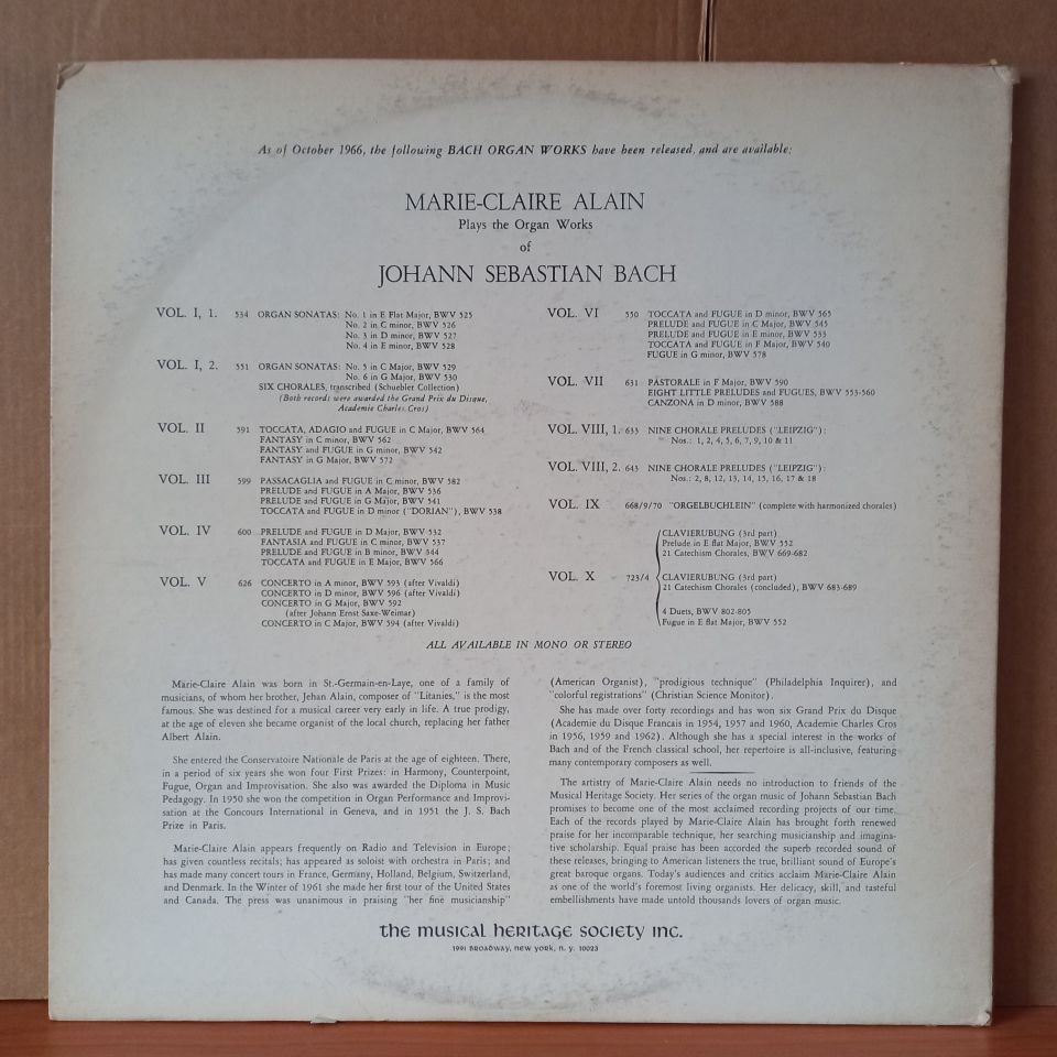THE ORGAN WORKS OF JOHANN SEBASTIAN BACH [VOLUME 10] / CLAVIERUEBUNG – PART III / MARIE-CLAIRE ALAIN - 2LP 2.EL PLAK