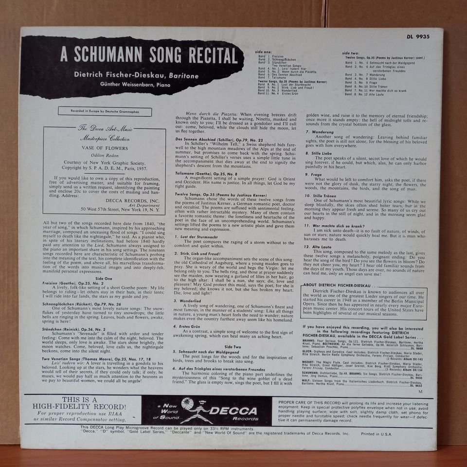 A SCHUMANN SONG RECITAL / DIETRICH FISCHER-DIESKAU, GÜNTHER WEISSENBORN (1957) - LP 2.EL PLAK