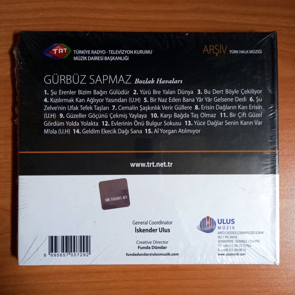 GÜRBÜZ SAPMAZ - BOZLAK HAVALARI / TÜRK HALK MÜZİĞİ /TRT ARŞİV SERİSİ 156 - CD SIFIR