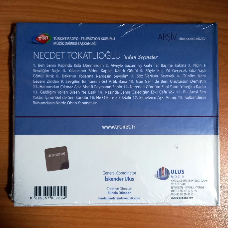 NECDET TOKATLIOĞLU'NDAN SEÇMELER / TÜRK SANAT MÜZİĞİ / TRT ARŞİV SERİSİ 148 - CD SIFIR
