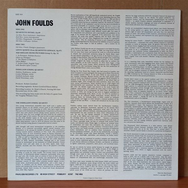 JOHN FOULDS, ENDELLION STRING QUARTET – QUARTETTO INTIMO OP. 89, LENTO QUIETO (FROM QUARTETTO GENIALE, OP. 97), AQUARELLES (MUSIC – PICTURES GROUP 2) OP. 32 (1981) - LP 2.EL PLAK