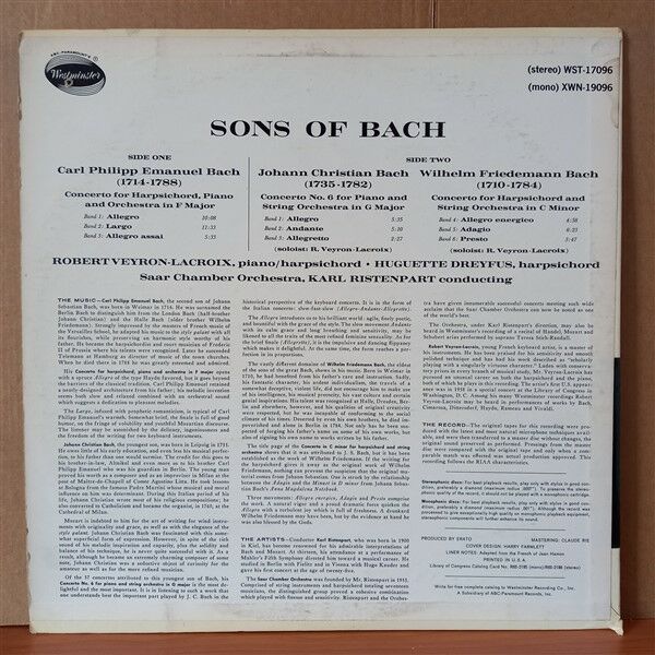 SAAR CHAMBER ORCHESTRA, KARL RISTENPART – SONS OF BACH - LP 2.EL PLAK