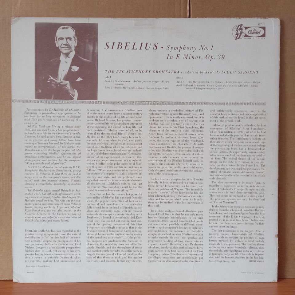 SIBELIUS: SYMPHONY NO. 1 IN E MINOR / SIR MALCOLM SARGENT CONDUCTING THE B.B.C. SYMPHONY ORCHESTRA (1958) - LP 2.EL PLAK