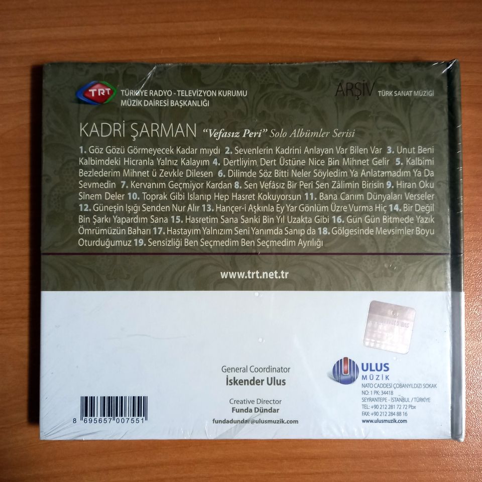 KADRİ ŞARMAN - VEFASIZ PERİ / TÜRK SANAT MÜZİĞİ / TRT ARŞİV SERİSİ 170 - CD SIFIR