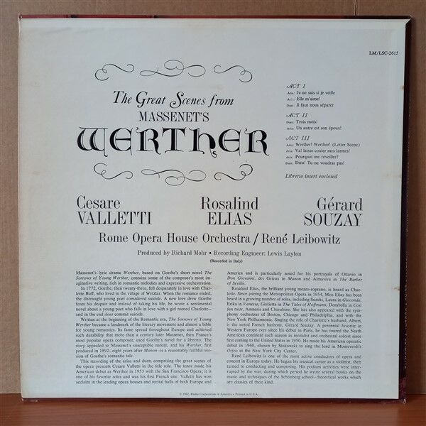 MASSENET, VALLETTI ∙ ELIAS ∙ SOUZAY, ROME OPERA HOUSE ORCHESTRA / LEIBOWITZ – THE GREAT SCENES FROM MASSENET'S WERTHER (1962) - LP 2.EL PLAK