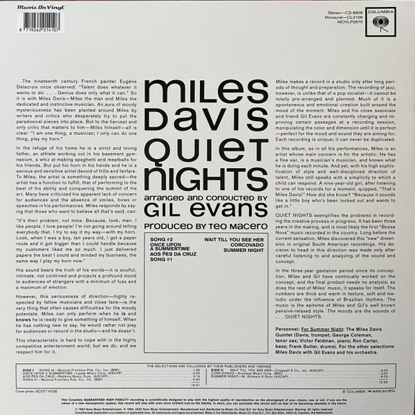 MILES DAVIS - QUIET NIGHTS ARRANGED & CONDUCTED BY GIL EVANS (1963) - LP 180GR 2023 SIFIR PLAK