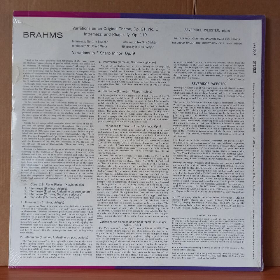 BRAHMS: VARIATIONS ON AN ORIGINAL THEME, INTERMEZZI AND RHAPSODY, VARIATIONS IN E SHARP MINOR / BEVERIDGE WEBSTER (1965) - LP DÖNEM BASKISI SIFIR PLAK