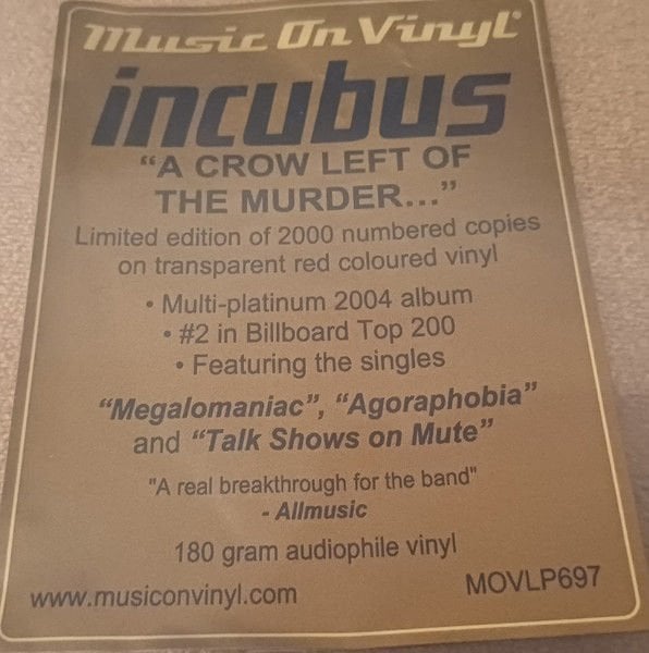INCUBUS - A CROW LEFT OF THE MURDER (2004) - 2LP 180GR 2024 LIMITED EDITION COLORED SIFIR PLAK
